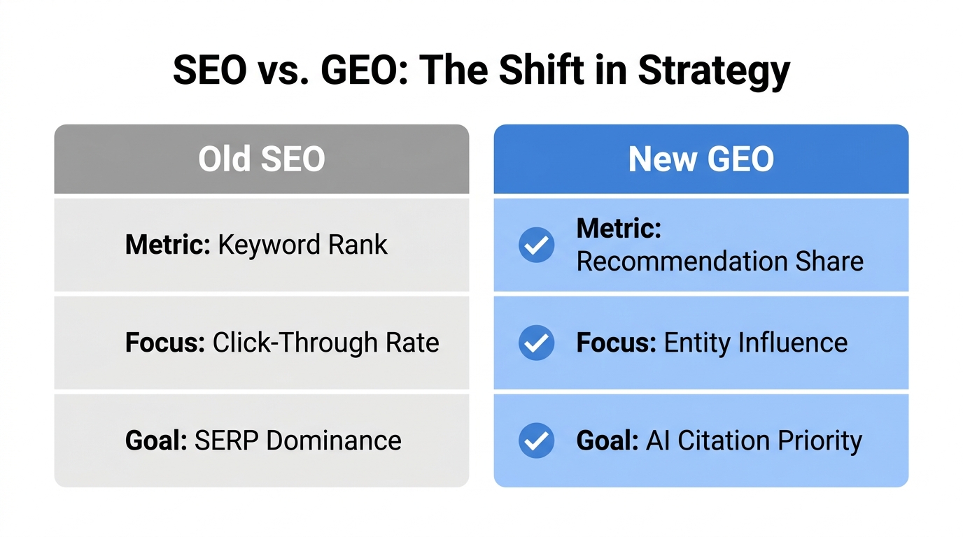 Comparison of traditional SEO metrics versus modern Generative Engine Optimization.