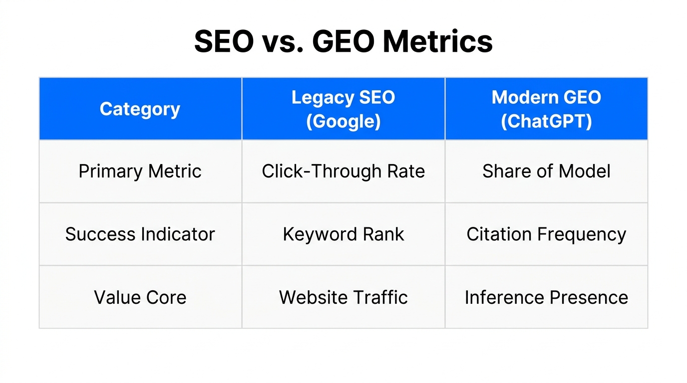 A comparison table defining differences between traditional SEO and AI-driven GEO metrics.
