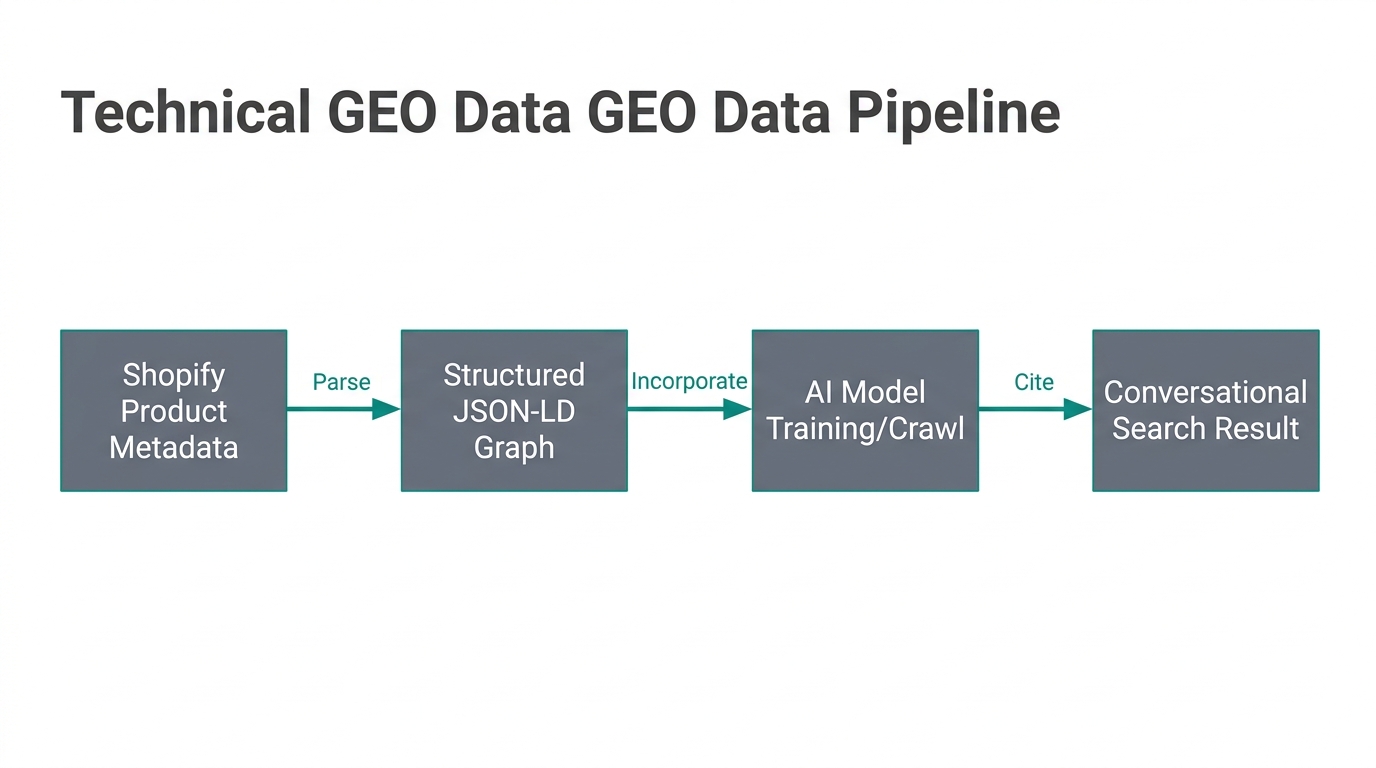 Flowchart showing how technical JSON-LD transforms Shopify data into AI search results.