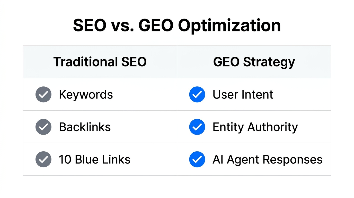 Comparison of traditional SEO and Generative Engine Optimization strategies.