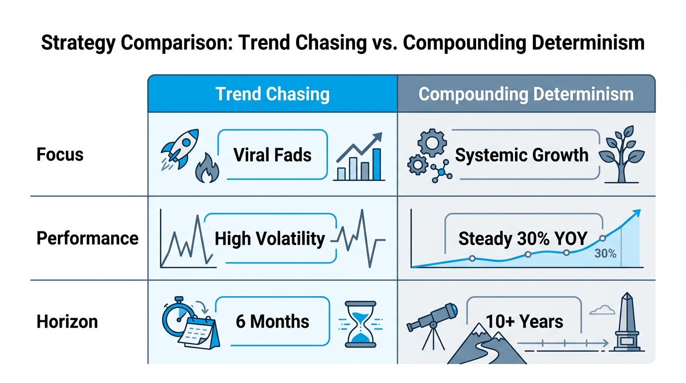 Comparison between short-term trend chasing and long-term compounding growth.