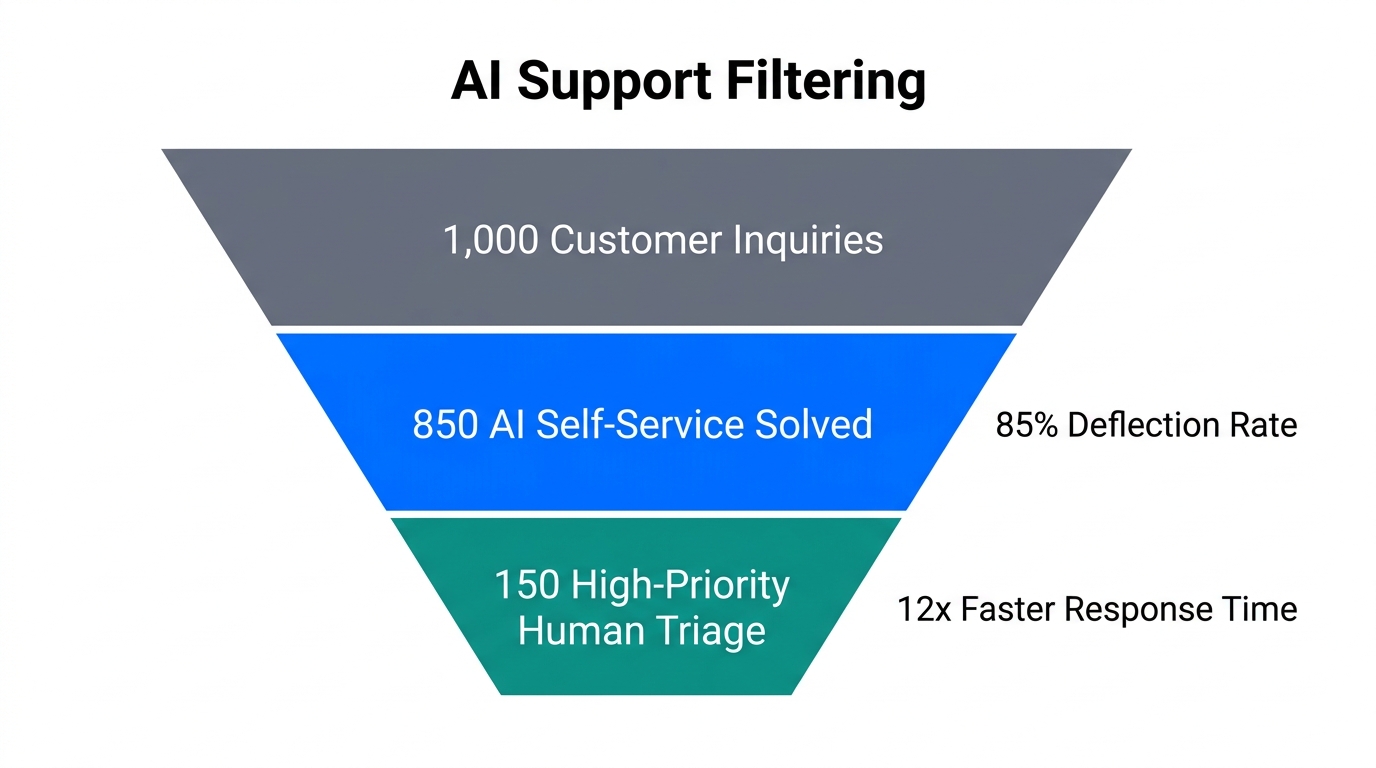 Support ticket funnel showing high deflection rates using Stormy AI.