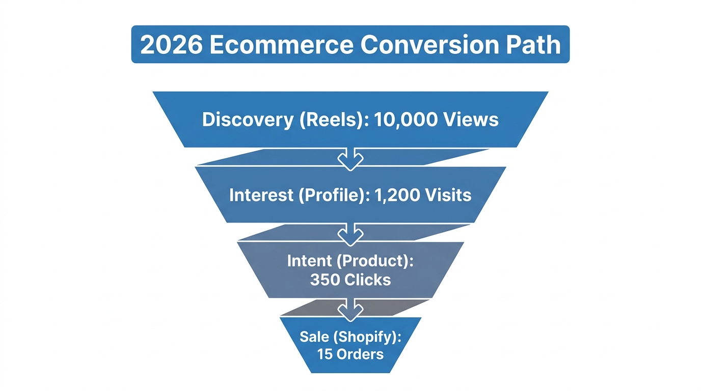 Standard conversion rates from top-of-funnel Reels to Shopify sales.
