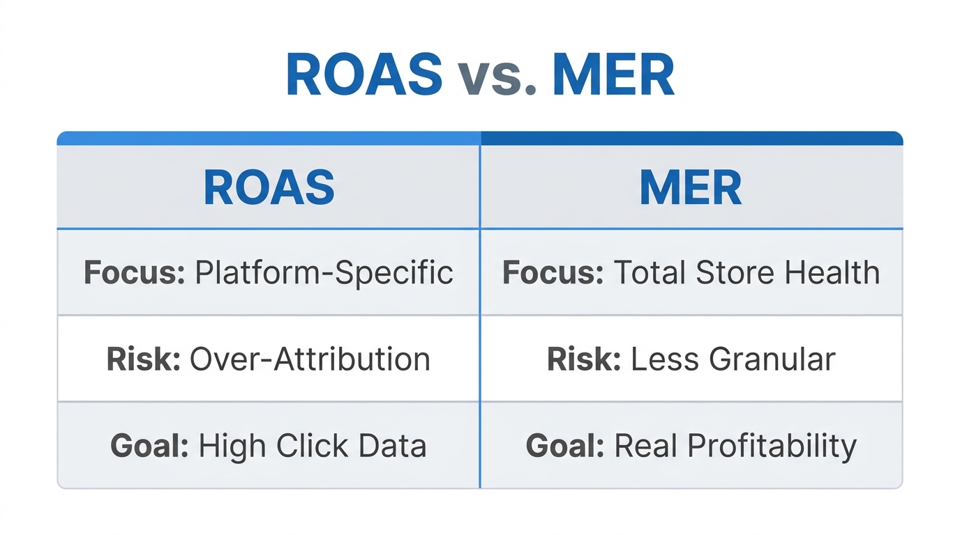Comparison of platform-specific ROAS versus total store Marketing Efficiency Ratio.