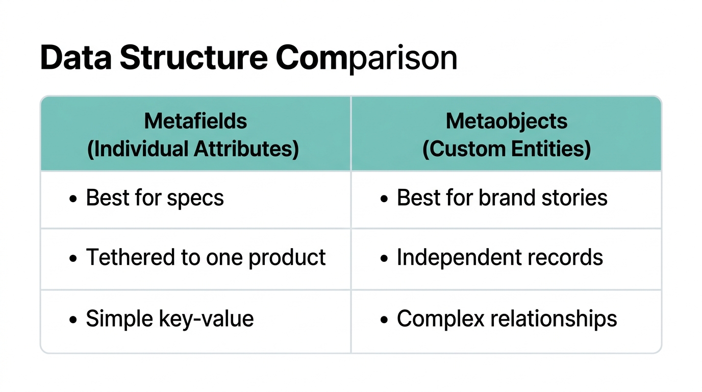 Key differences between Shopify Metafields and Metaobjects for 2026 data modeling.