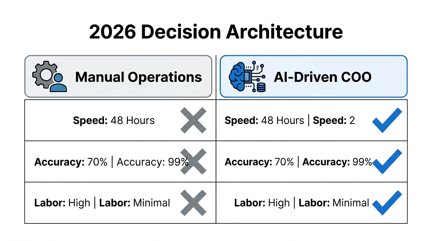 Comparison between manual operations and AI-driven decision architecture efficiency.