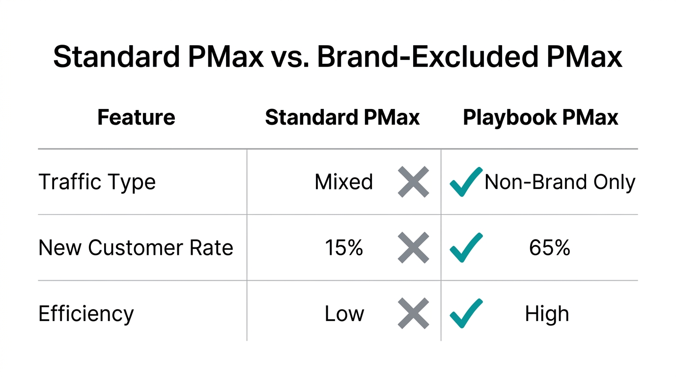 Comparison of PMax performance with and without brand exclusions.