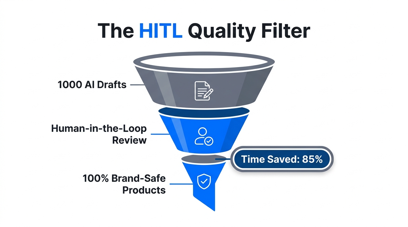 Human-in-the-loop funnel ensuring quality control for bulk AI generation.