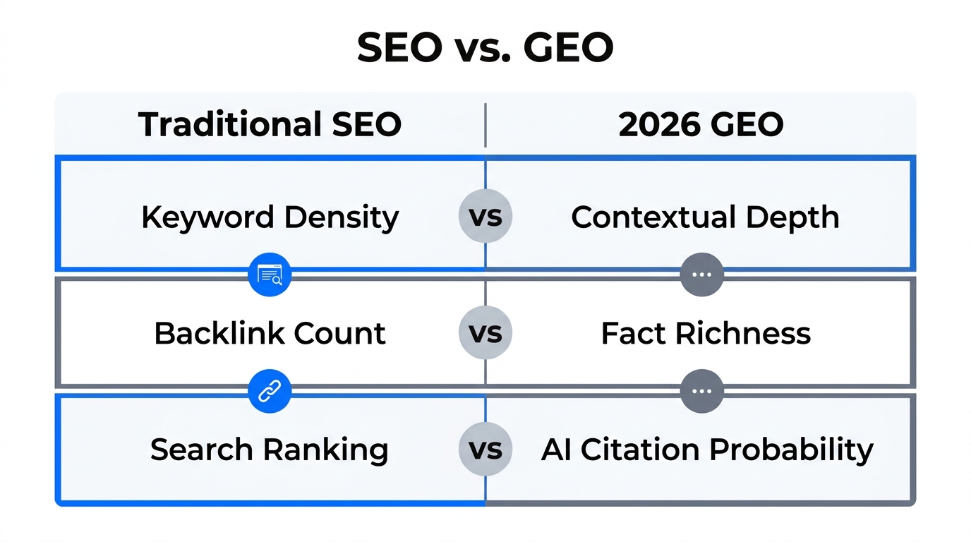 Comparison of traditional SEO metrics versus Generative Engine Optimization requirements.