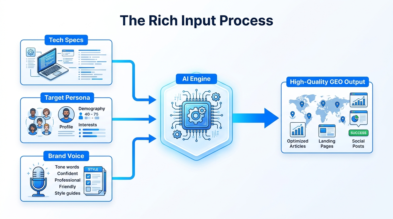 Workflow showing how rich data inputs drive high-quality AI outputs.