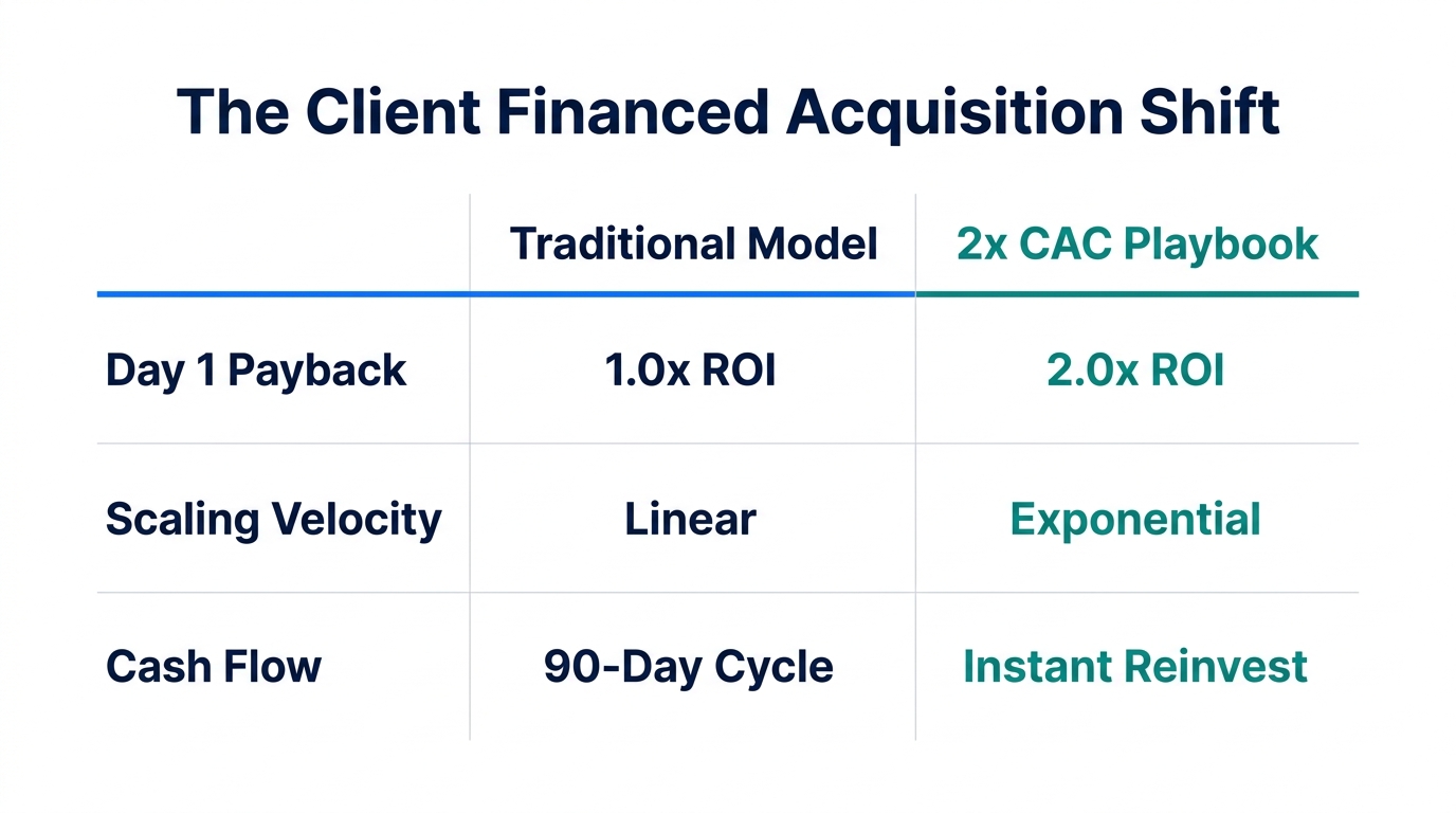 Comparison of traditional ecommerce scaling versus the 2x CAC acquisition model.