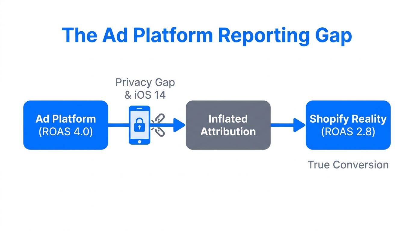 Visualizing the discrepancy between ad platform metrics and actual store revenue.