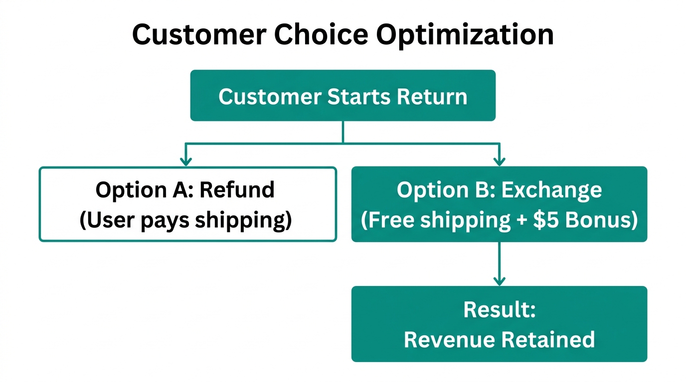 Decision tree showing how to drive customers toward revenue-retaining exchanges.