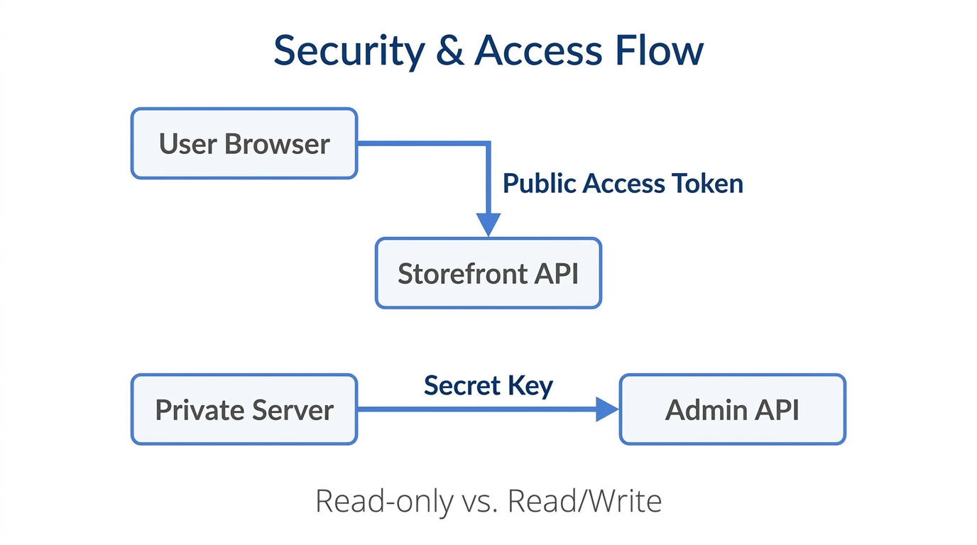 Architectural differences between public Storefront API and private Admin API access.