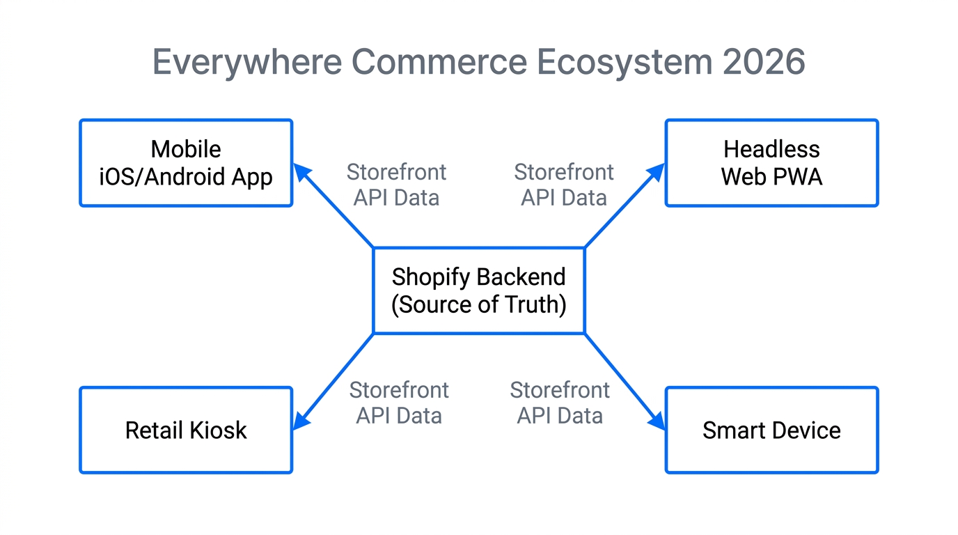 Unified Shopify backend powering diverse commerce endpoints via Storefront API.