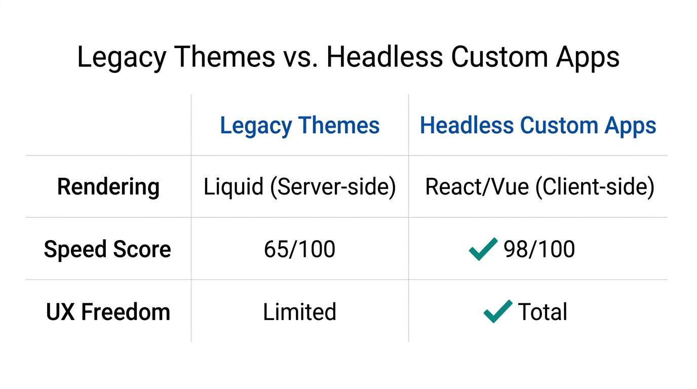 Performance and flexibility comparison: Traditional Shopify themes vs. custom headless apps.