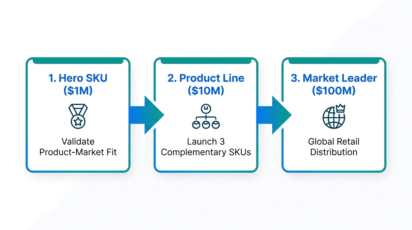 Three-stage roadmap for scaling product inventory from $1M to $100M.