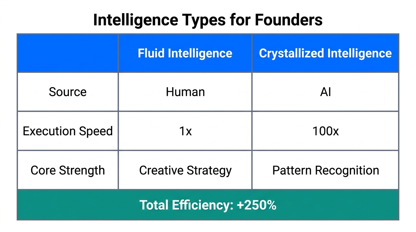 Comparing human fluid intelligence with AI-driven crystallized intelligence strengths.