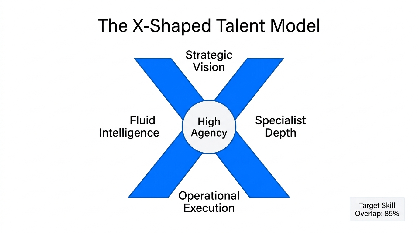 The X-shaped operator model balancing strategy, execution, and high agency.