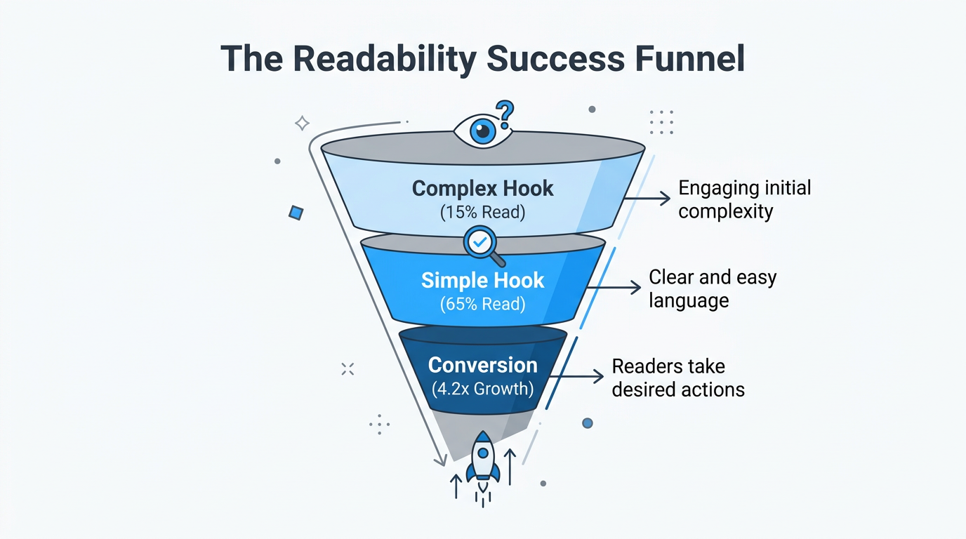 Funnel showing how simple copy increases reader retention and growth.