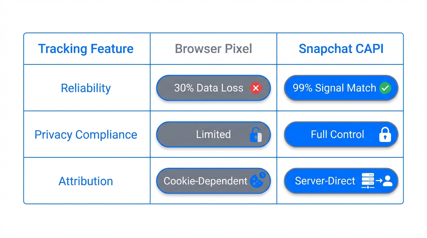 A comparison of data reliability between browser pixels and Snapchat CAPI.