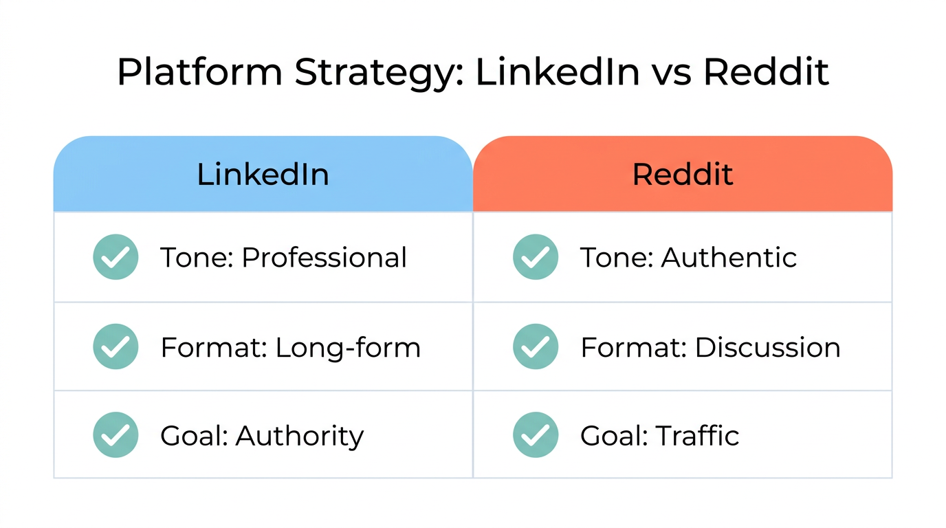 Strategic comparison of automation goals for LinkedIn and Reddit.