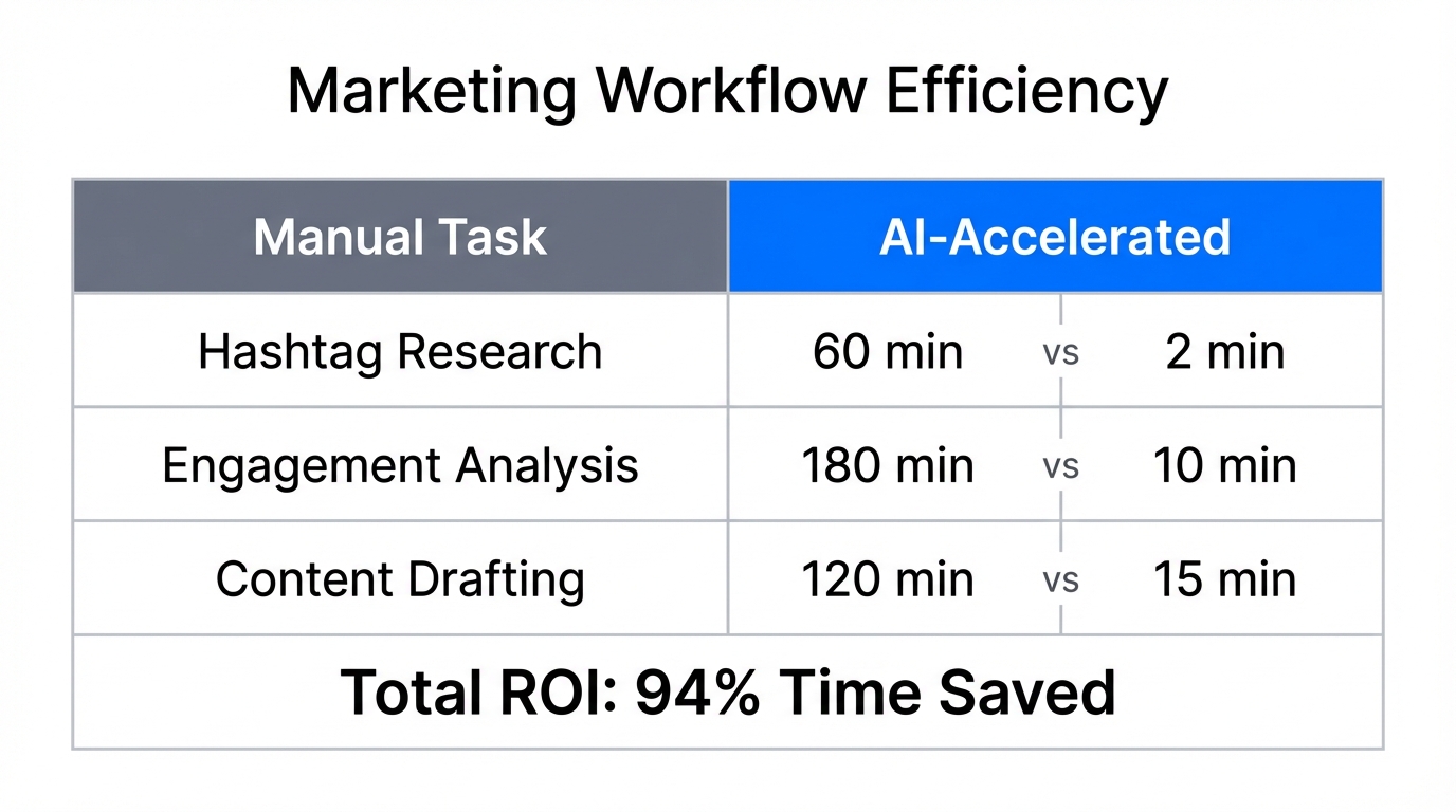 Comparison of manual marketing tasks versus AI-accelerated workflow completion times.