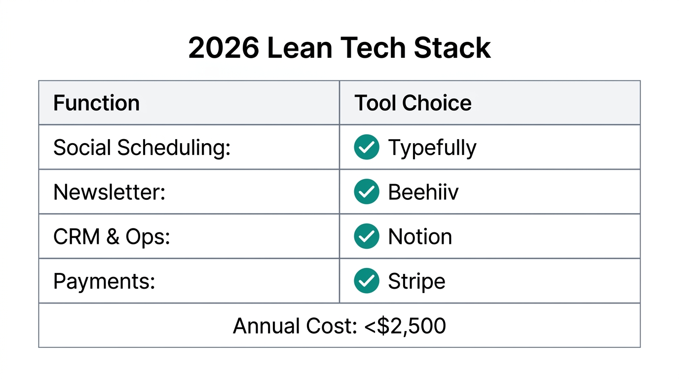 A minimalist tech stack designed for high-margin solopreneur operations.