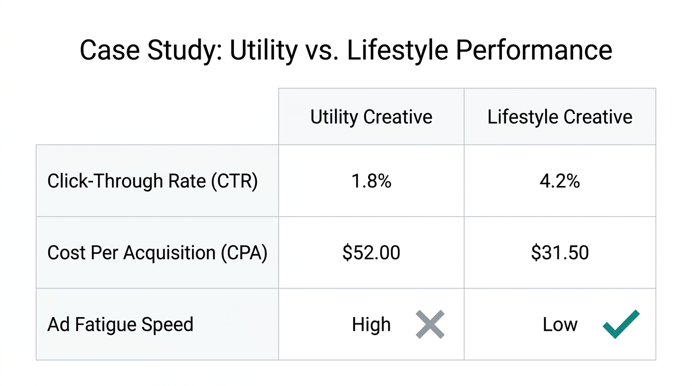 Performance data comparing utility-focused ads against lifestyle-focused creative variants.