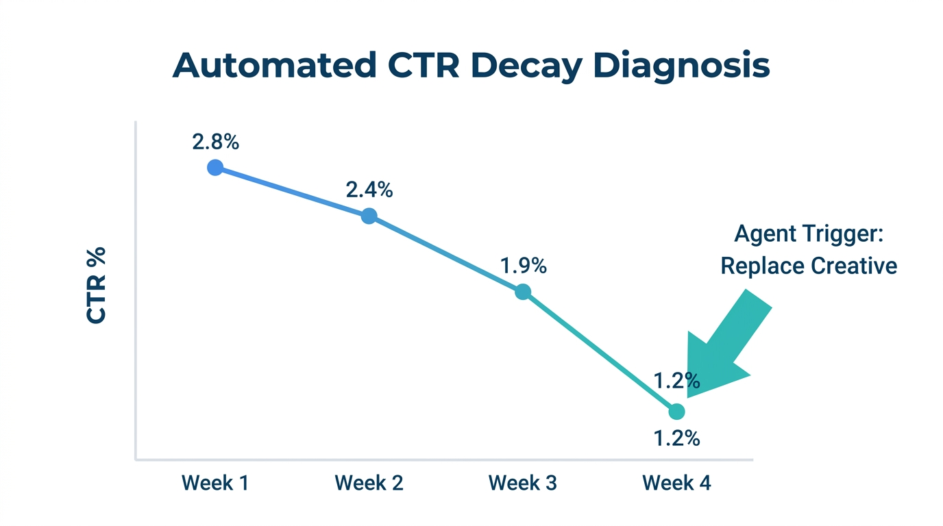 Tracking CTR decay and automated agent triggers for creative replacement.