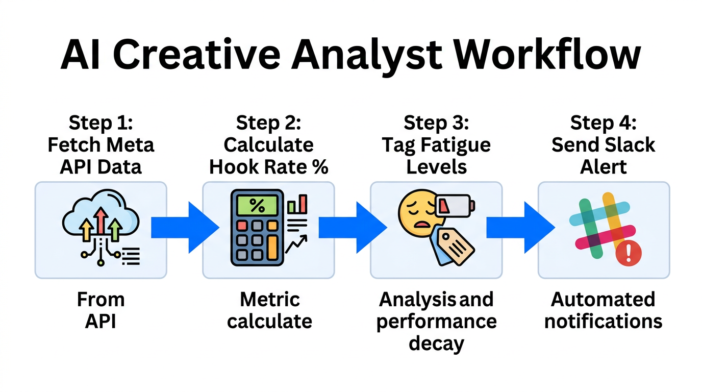 Workflow for automating Meta Ads creative analysis using OpenClaw.