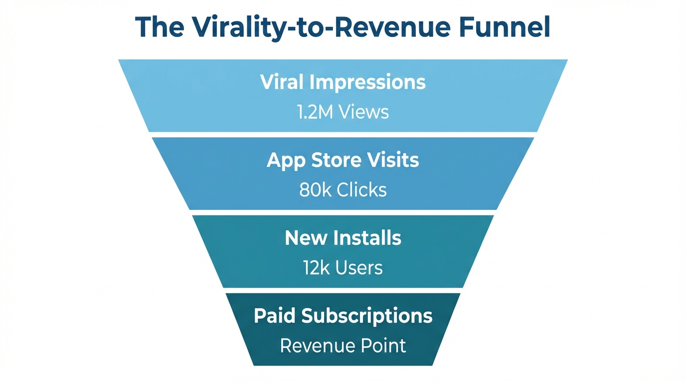 Funnel showing the conversion path from viral reach to revenue.