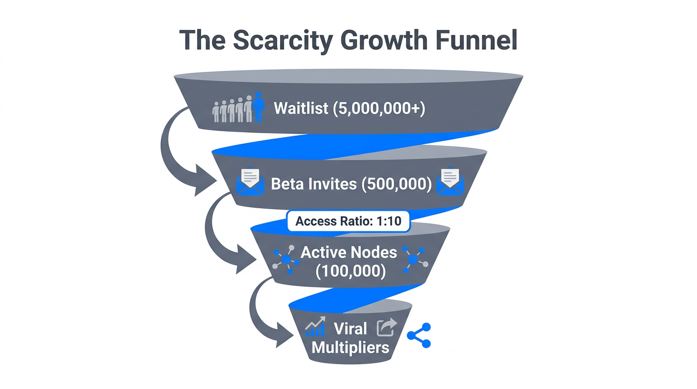 Funnel showing Sora's scarcity-driven model to manage user demand.