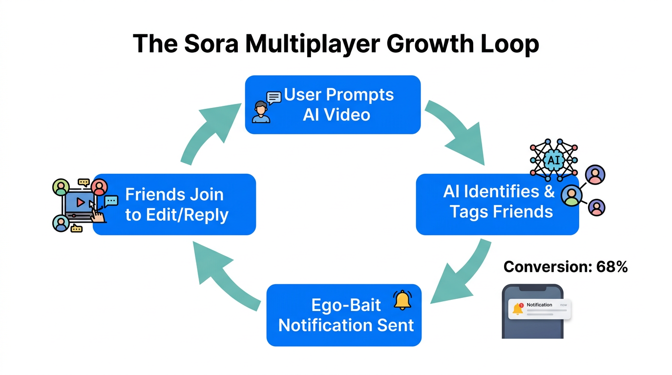 The viral 'ego-bait' flowchart showing how Sora automated user acquisition.