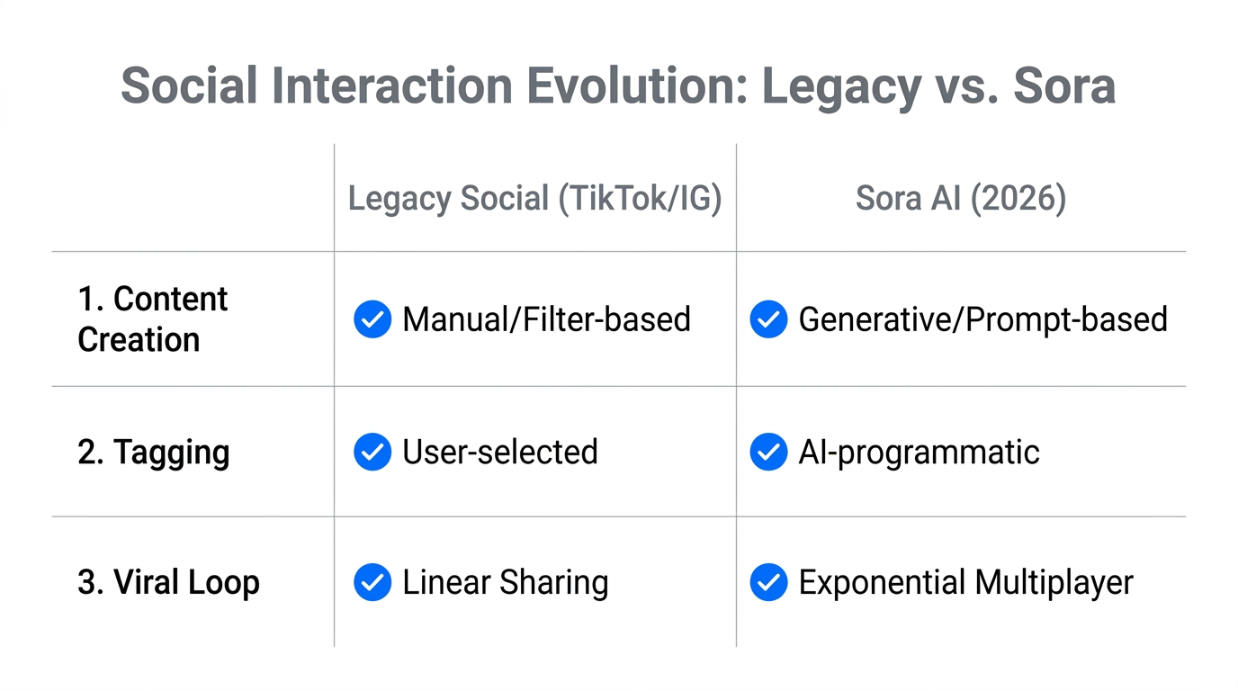A comparison of traditional social mechanics versus Sora's AI evolution.