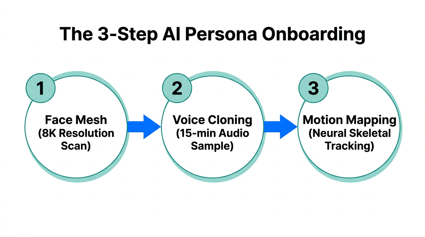 The essential three-step workflow for high-fidelity AI influencer onboarding.