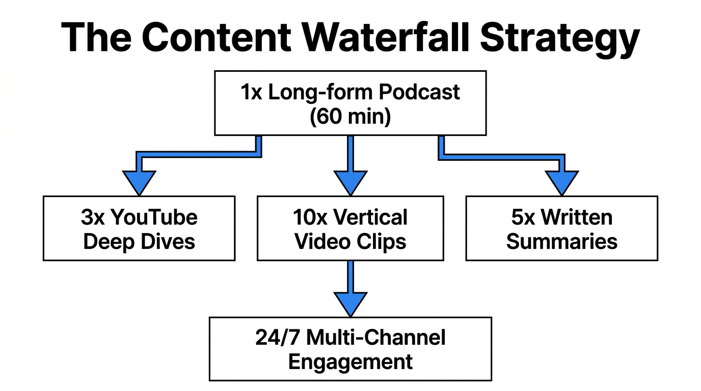 Flowchart showing how one long-form episode powers a week of social content.