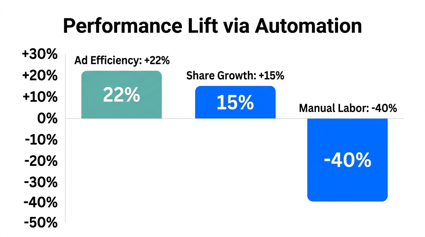 Metrics showing the impact of automation on ad efficiency and share.