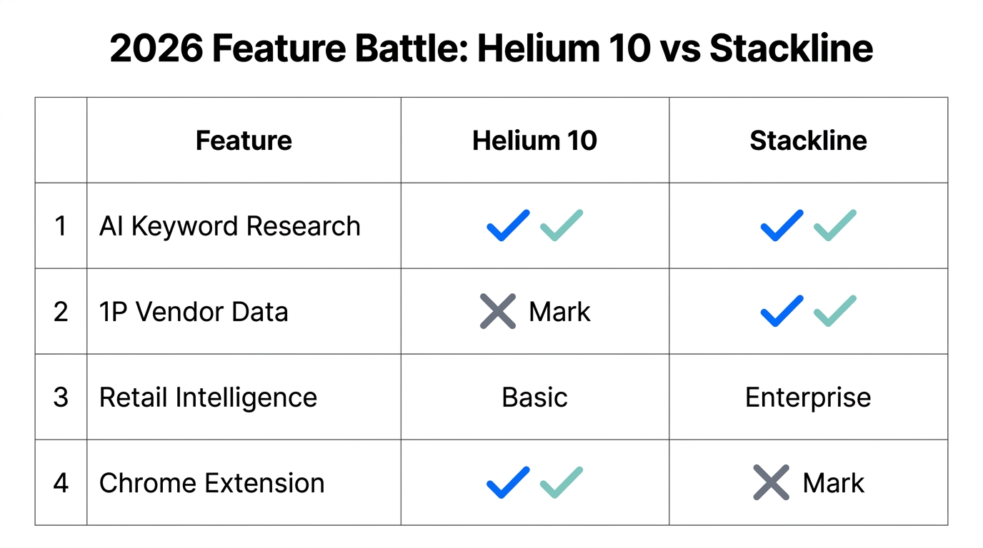A feature-by-feature comparison between Helium 10 and Stackline capabilities.