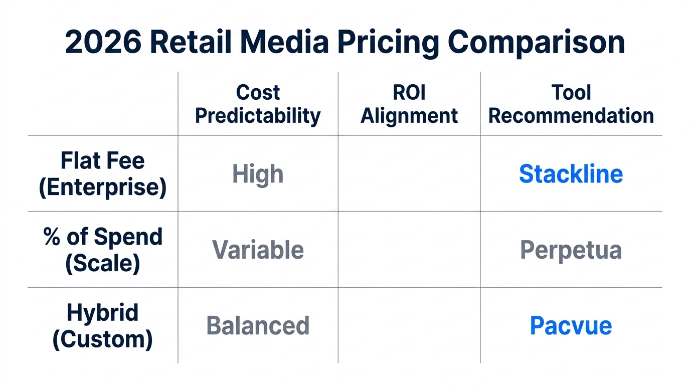 Comparison of fee structures across major retail media platforms.