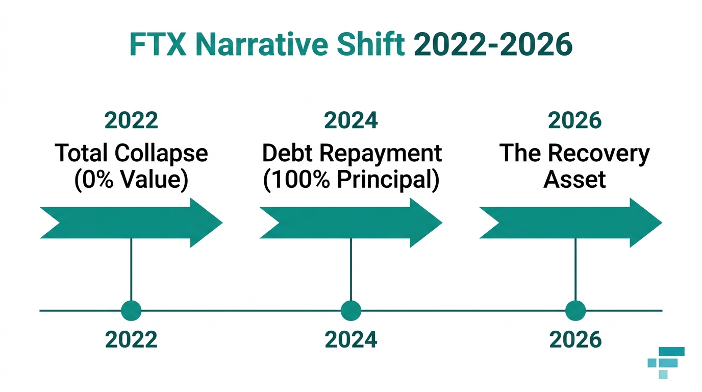 Timeline showing the FTX brand evolution from disgrace to recovery.
