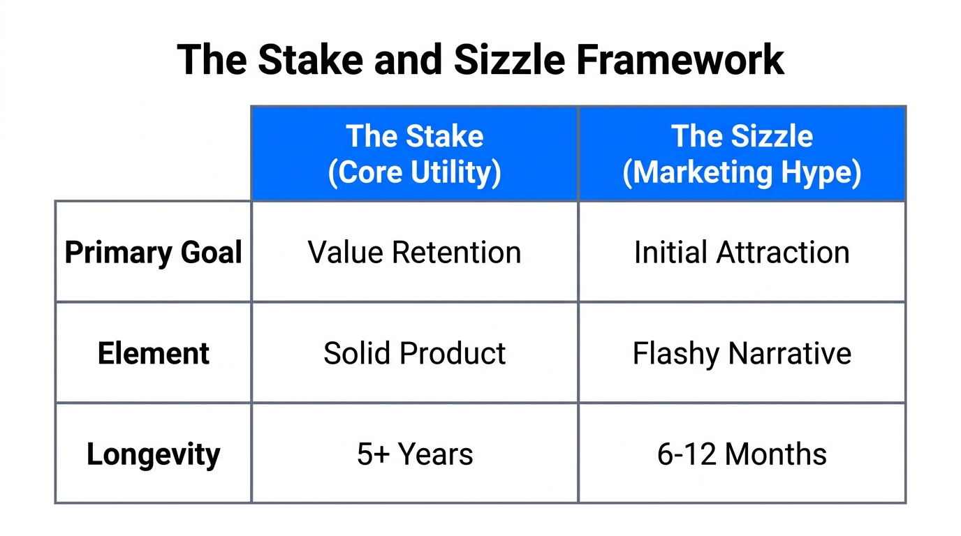 Comparison of product utility versus marketing hype in branding.