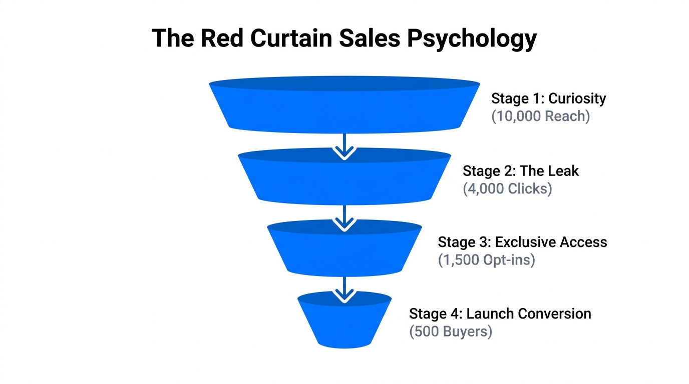 The funnel stages of the Red Curtain psychology launch strategy.