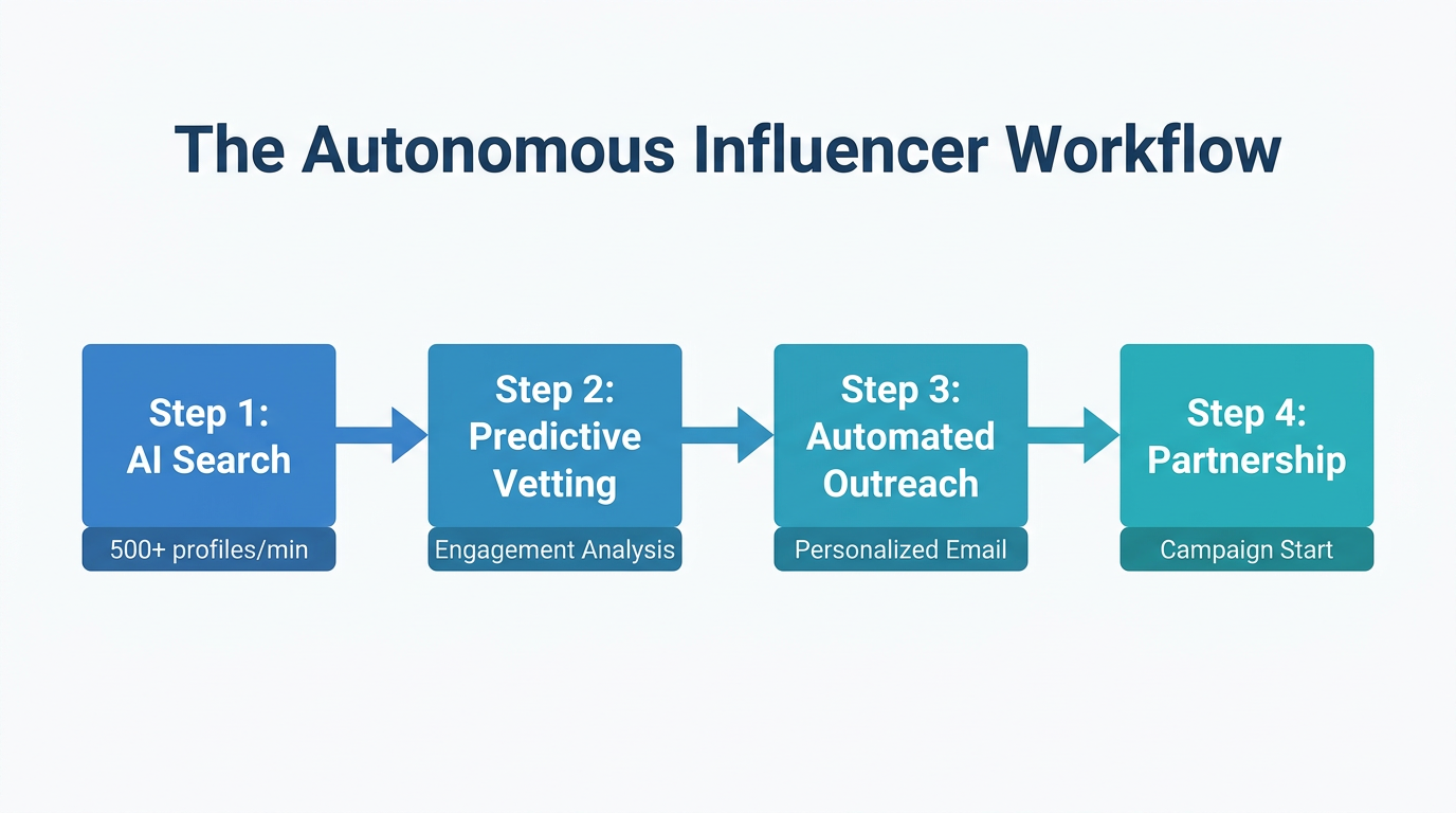 Step-by-step workflow of an autonomous influencer recruitment cycle.