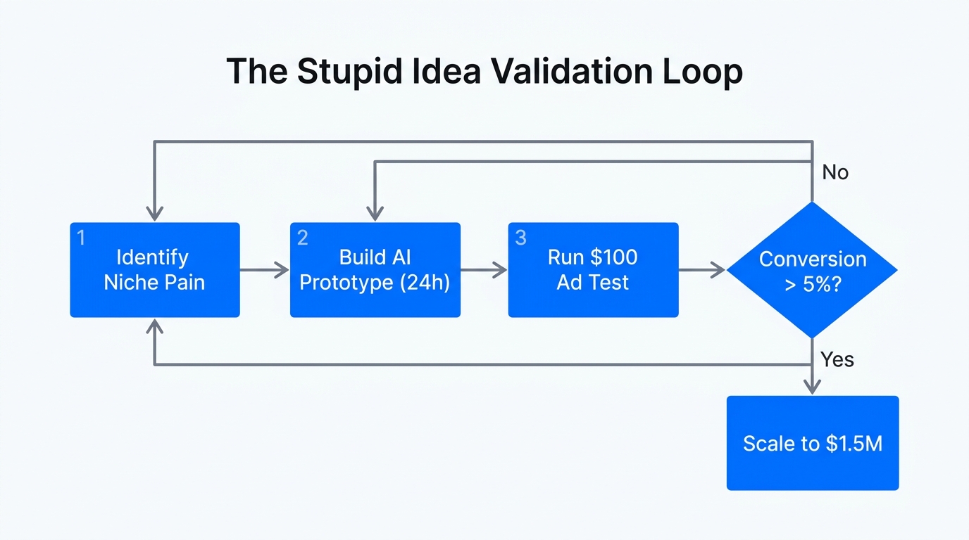 Step-by-step flowchart for validating niche startup ideas with AI.