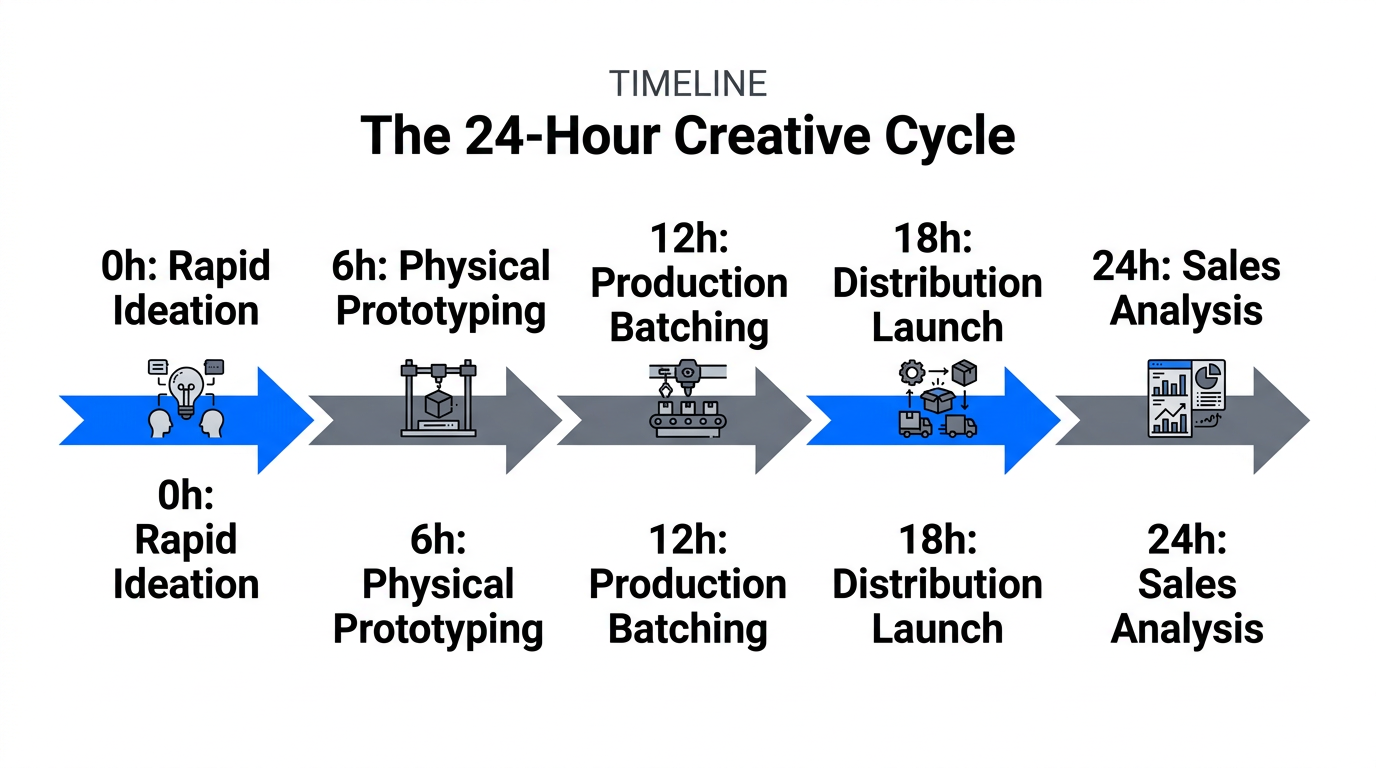 A milestone timeline for a 24-hour rapid product development cycle.