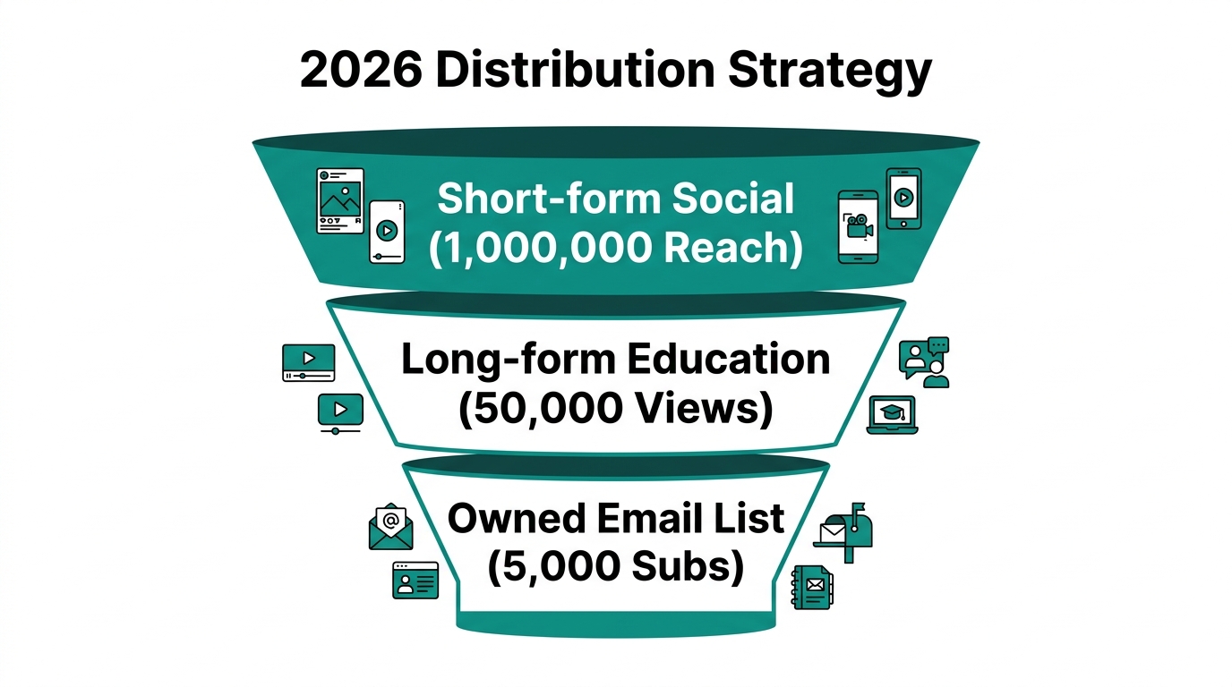 A 2026 distribution funnel from social reach to owned audience.