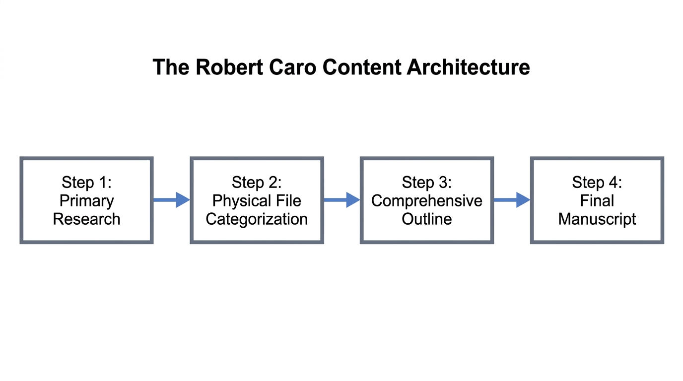 The four-stage content system inspired by biographer Robert Caro.