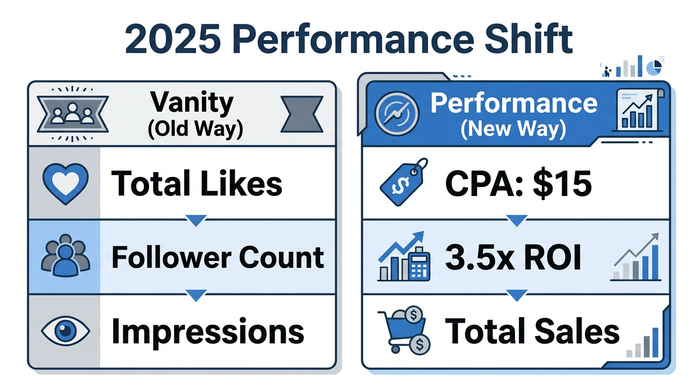 Comparison of traditional vanity metrics versus modern performance ROI.