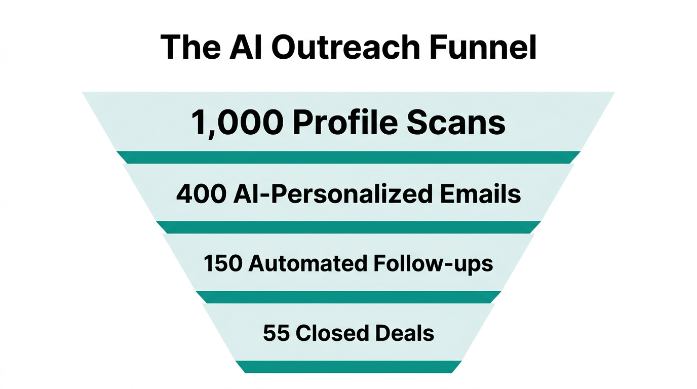 Efficiency funnel showing how automation scales discovery to closed deals.